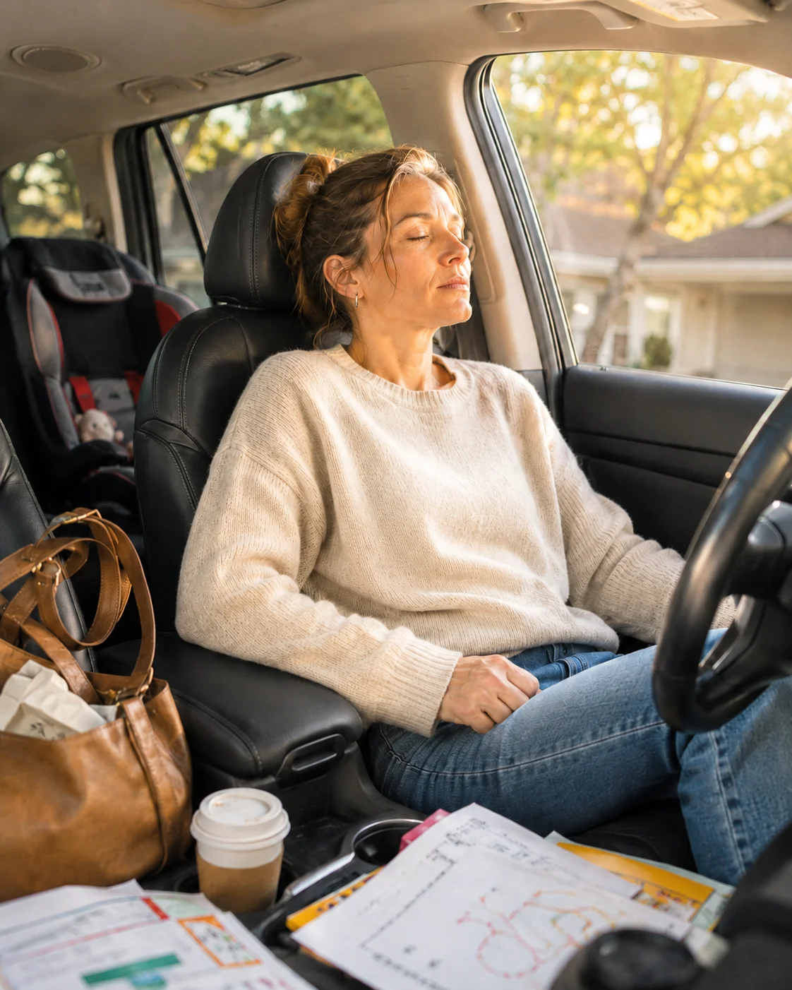 A woman taking a quiet moment to breathe in her parked car, pausing between the demands of family life