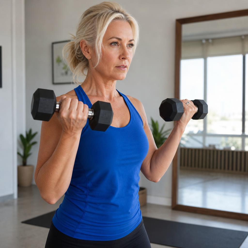 Woman doing dumbbell curls in a home workout space — approachable strength training for women