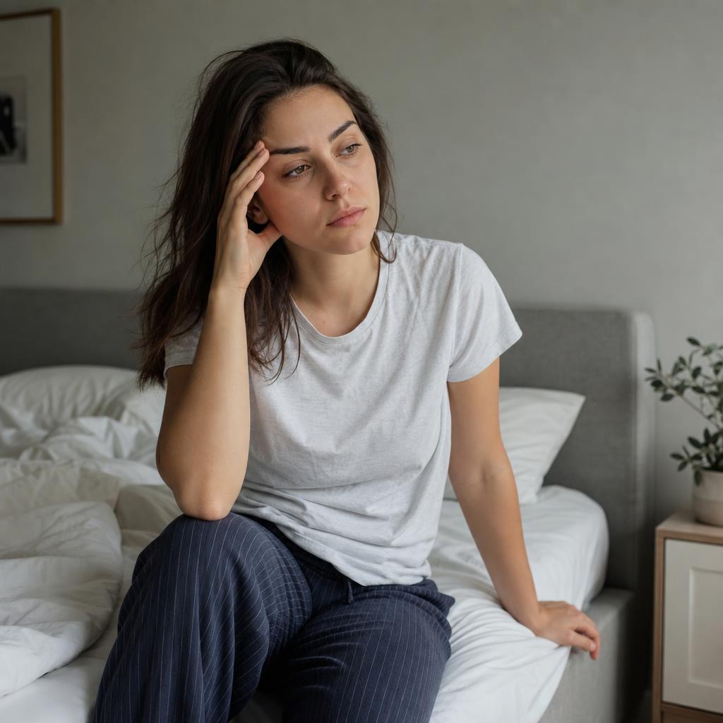 Woman sitting on the edge of a bed, hand to temple — persistent tiredness despite sleeping